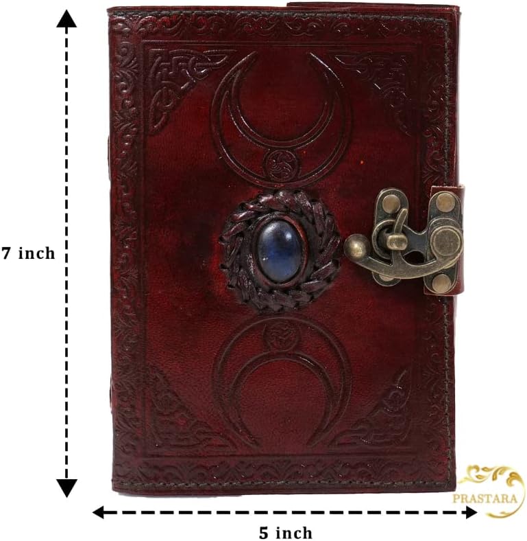 PRASTARA Blank spell book of shadows journal with lock clasp prop vintage handmade leather third eye stone diary embossed triple moon prayer pagan unlined paper witchcraft wiccan notebook daily 7 x 5 Inches. - Image 3